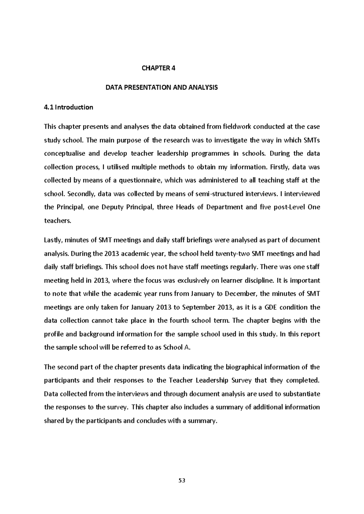 CHAPTER 4: DATA PRESENTATION & ANALYSIS OF TEACHER LEADERSHIP ...