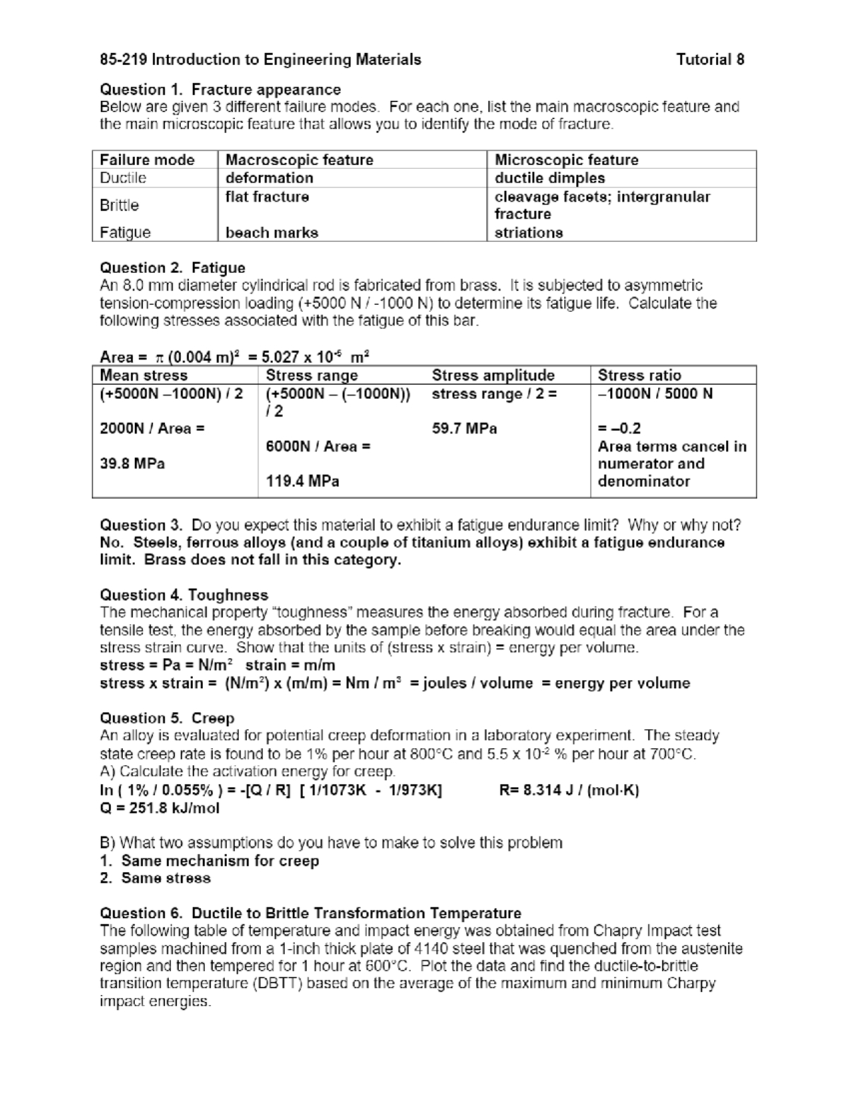 Engineering Materials Fundamentals - Tutorial 8 Solutions on Mechanical ...