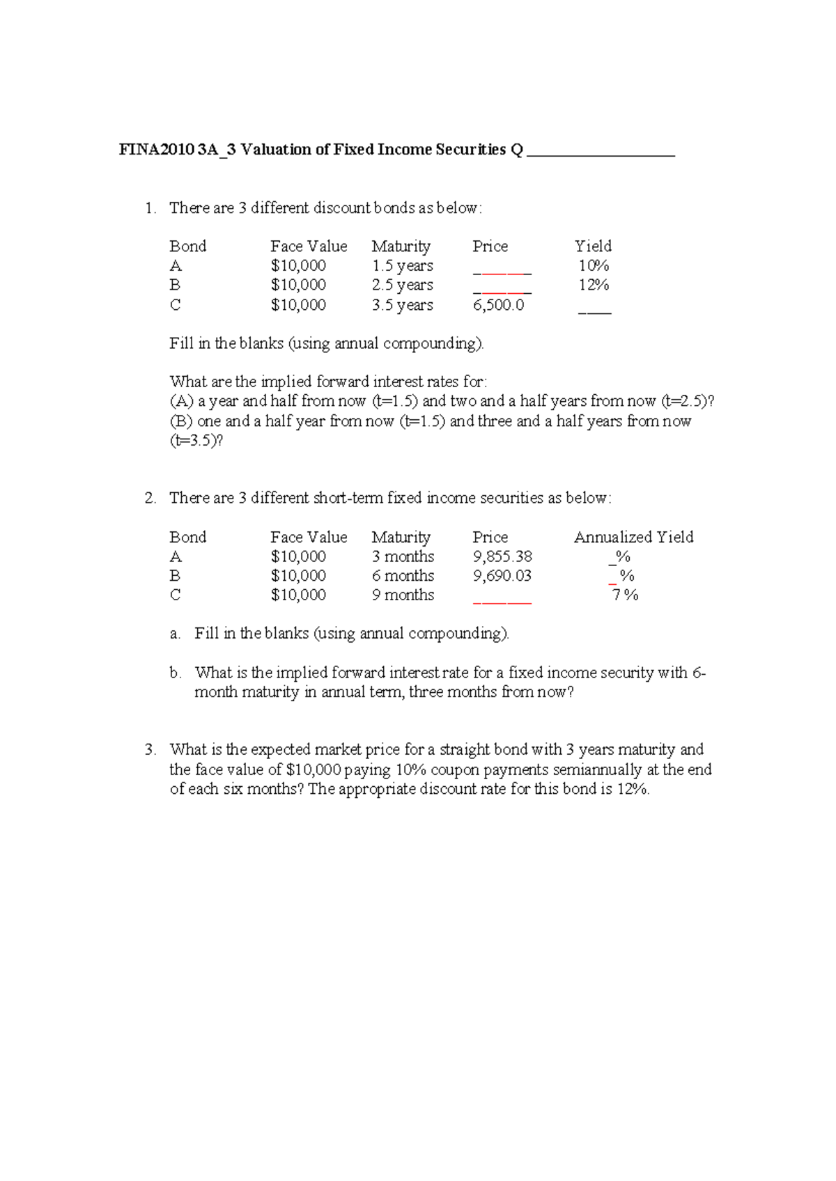 FINA2010 3A_3 Fixed Income Securities Valuation Questions - Studocu