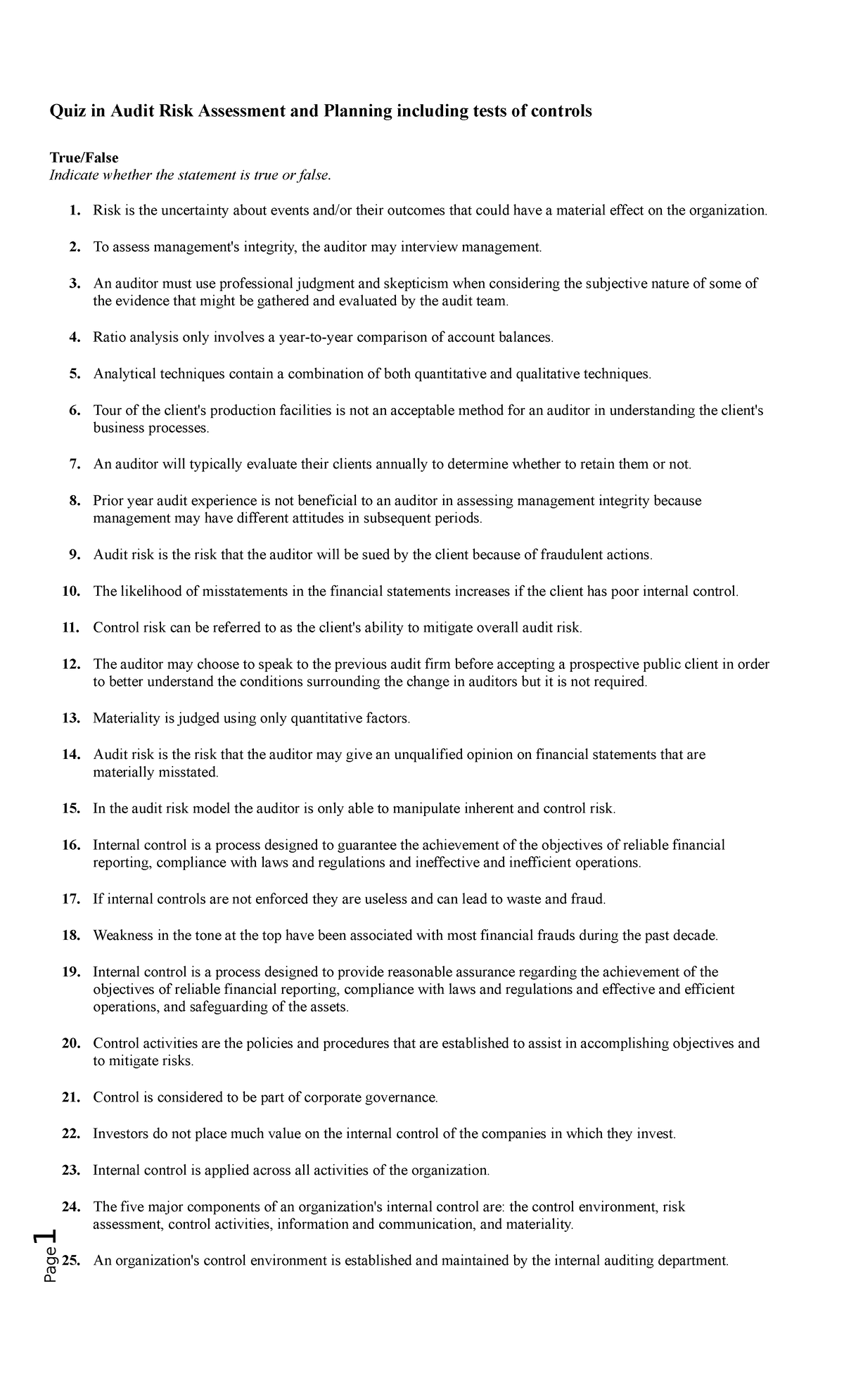 Audit Risk Assessment & Planning Quiz: Key Concepts and Questions - Studocu