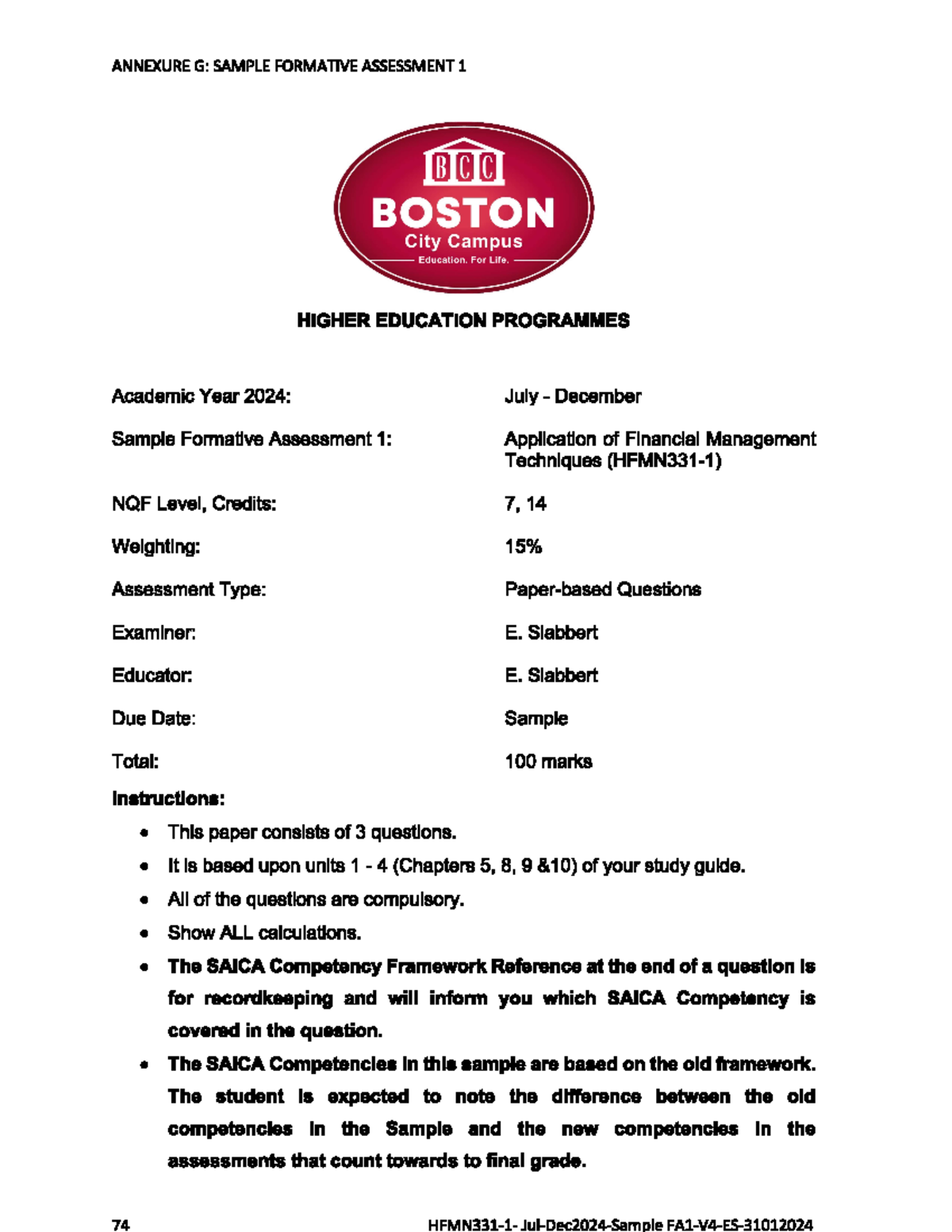FA1 HFMN331-1 Sample Formative Assessment: Financial Management ...
