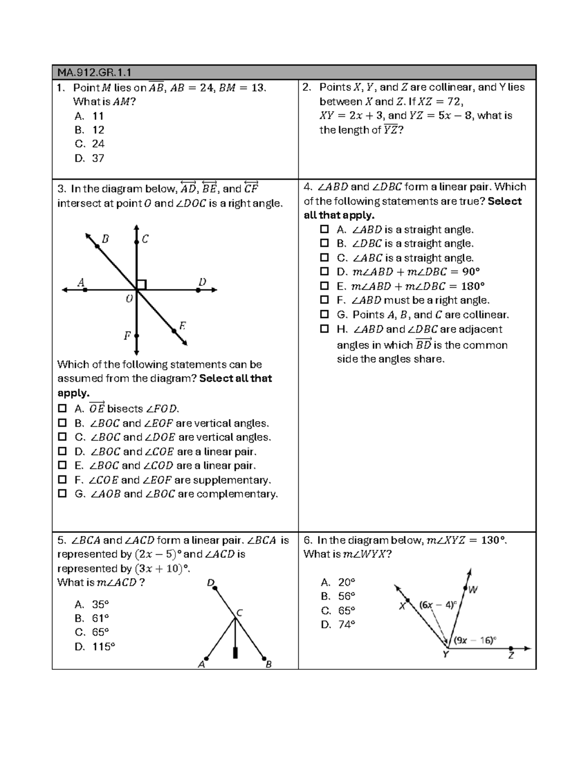 2425 S1 Review Geometry -556175391 - MA.912.GR. Point 𝑀 lies on 𝐴𝐵 ̅̅̅̅ ...
