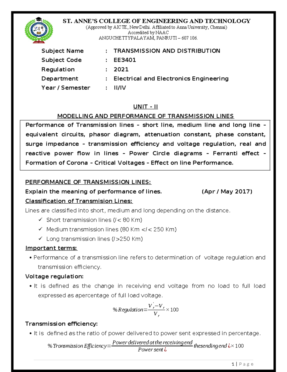 EE3401 Transmission and Distribution: Unit II Notes on Performance of ...