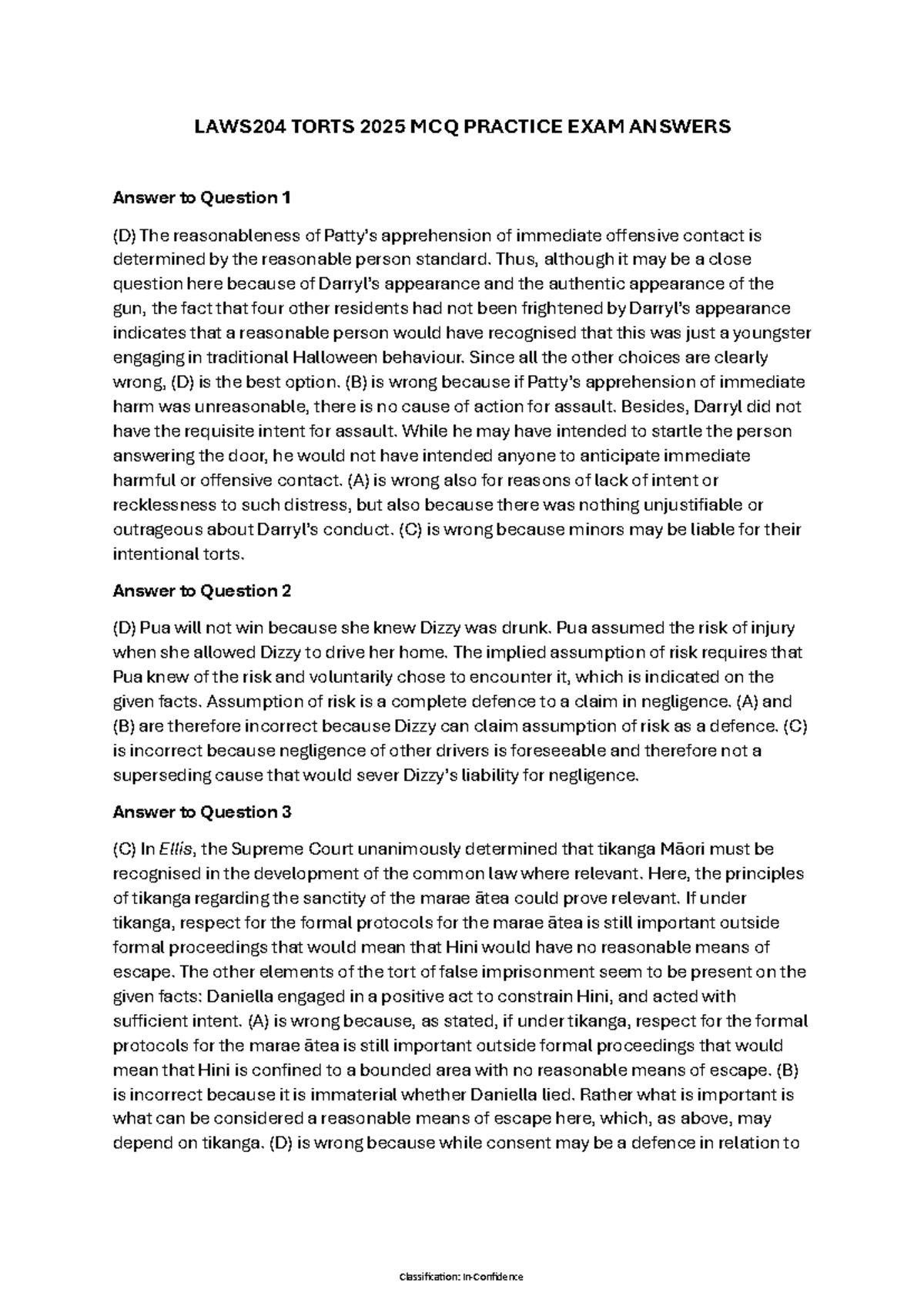 LAWS204 TORTS 2025 MCQ PRACTICE EXAM ANSWERS - Studocu