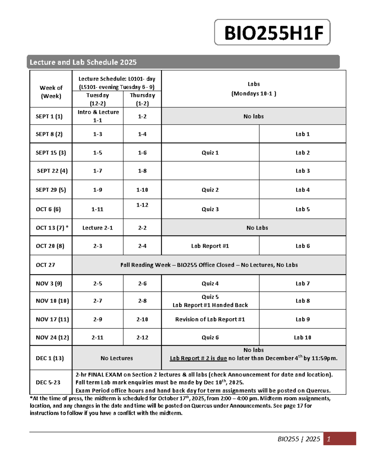 BIO255H1F 2025 Lecture & Lab Schedule and Course Information - Studocu