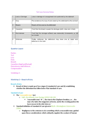 Tort Law: Workshop Notes on Duty of Care & Breach of Duty - Studocu
