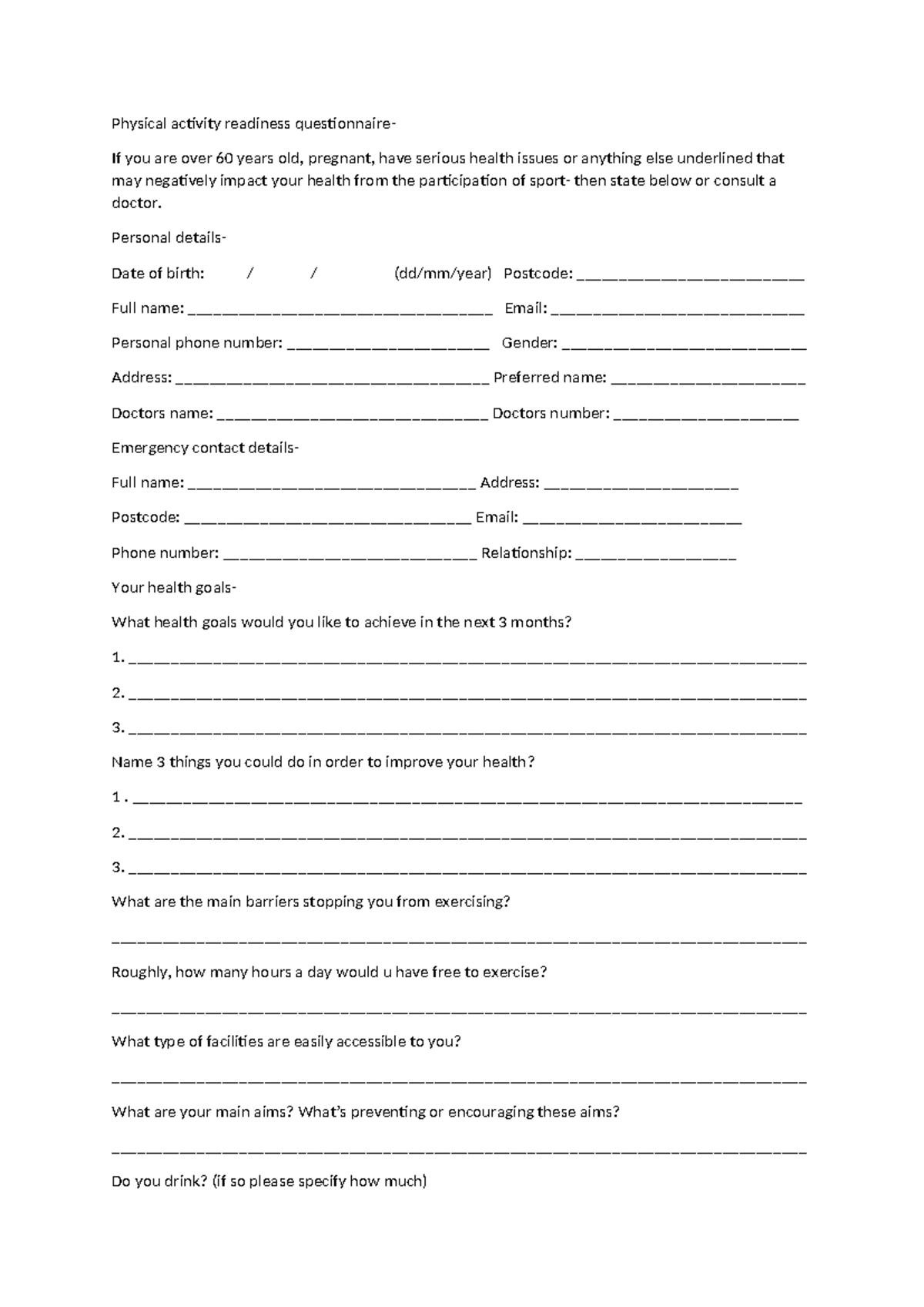 BTEC Physical Activity Readiness Questionnaire for Health Assessment ...