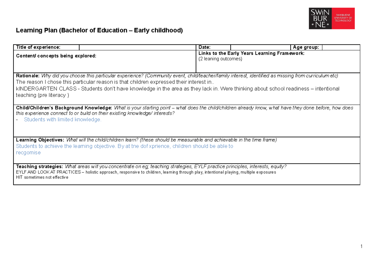 EDU2005 3 SUT Learning Experience Plan for Early Childhood Education ...