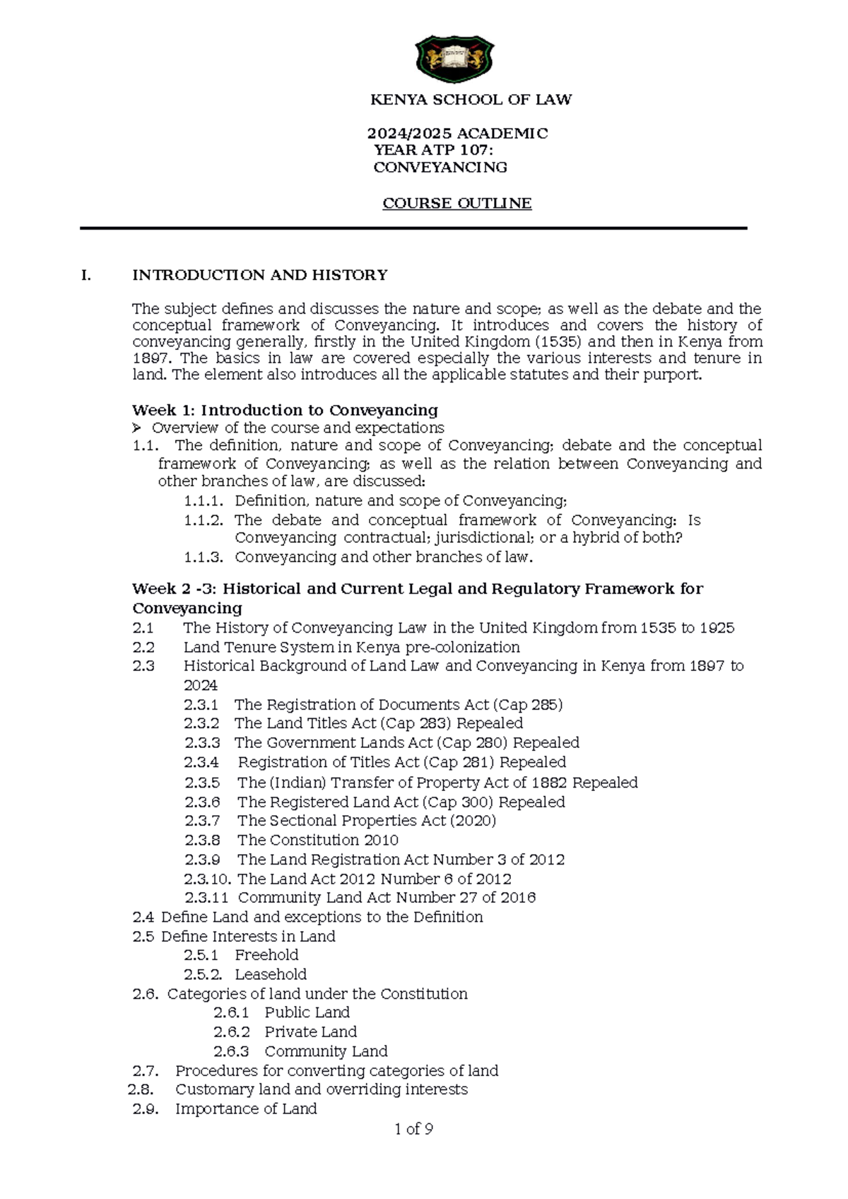 1 ATP107 Conveyancing Course Outline 2024-2025 - KENYA SCHOOL OF LAW ...