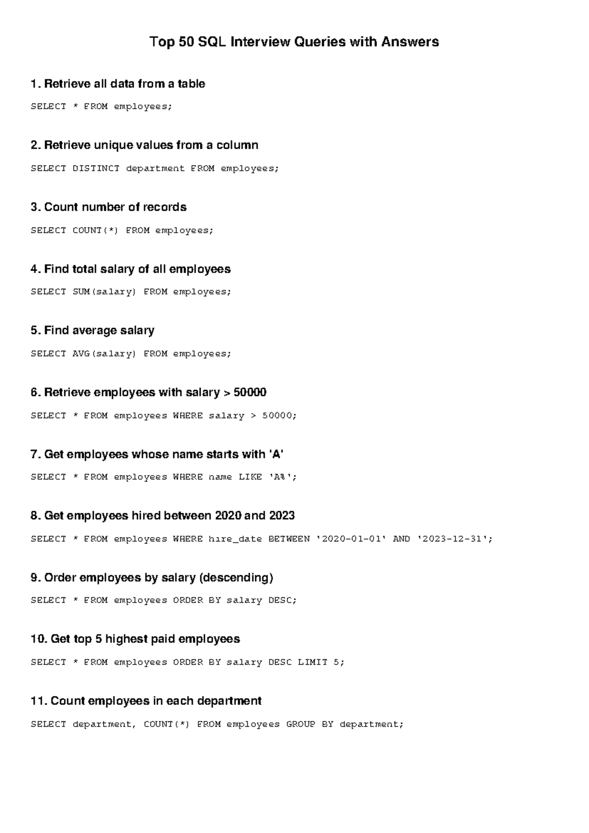 Top 50 SQL Interview Queries & Answers for Job Seekers - Studocu