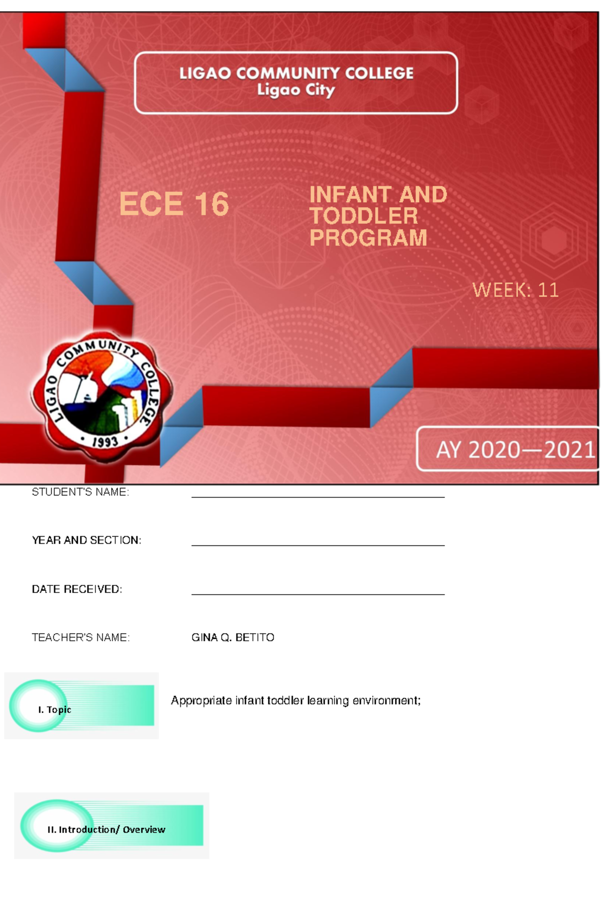 Module 11: ECE 16 Infant and Toddler Learning Environments - Studocu