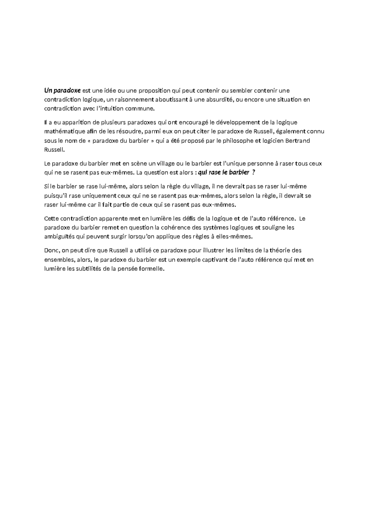 Paradoxe du Barbier et Logique Analyse Critique jjj Studocu — free download