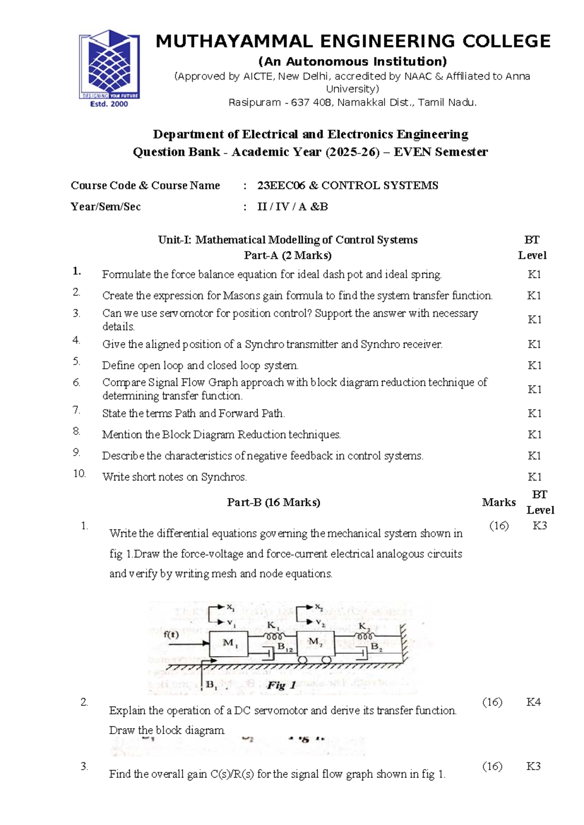 23EEC06 - Control Systems Question Bank for EVEN Semester - Studocu