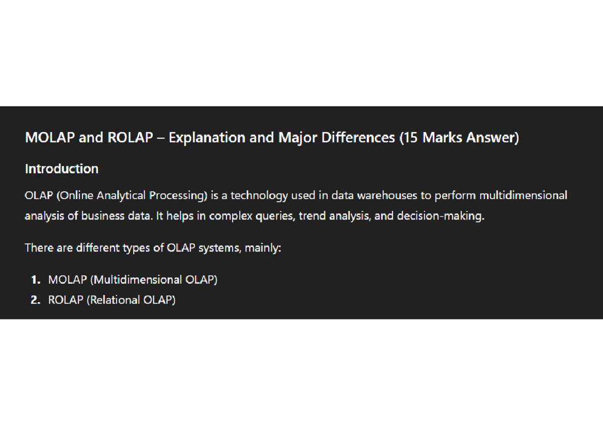MOLAP vs ROLAP: Key Differences Explained (15 Marks Answer) - Studocu