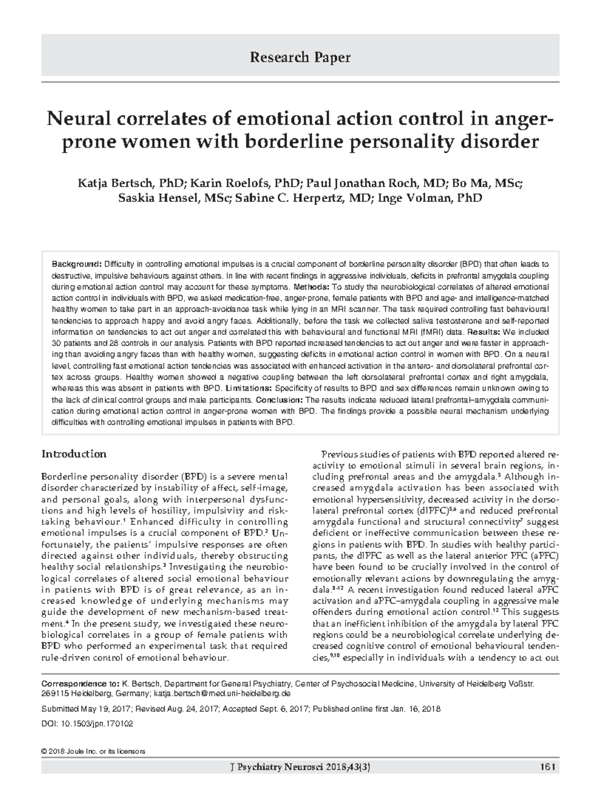 Neural Correlates of Emotional Action Control in Women with BPD: A ...