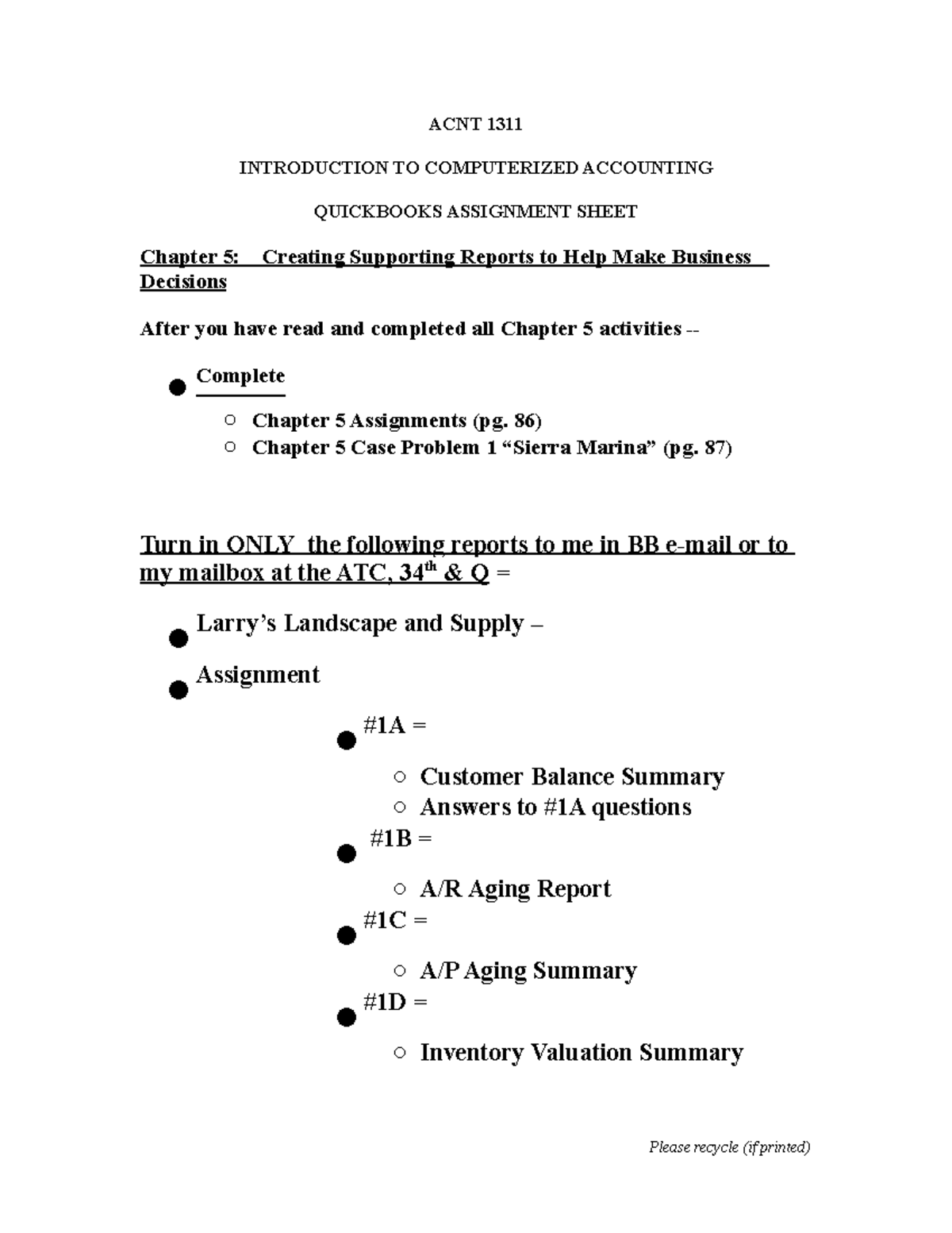 ACNT 1311 Chapter 5 QuickBooks Assignment & Report Guidelines - Studocu