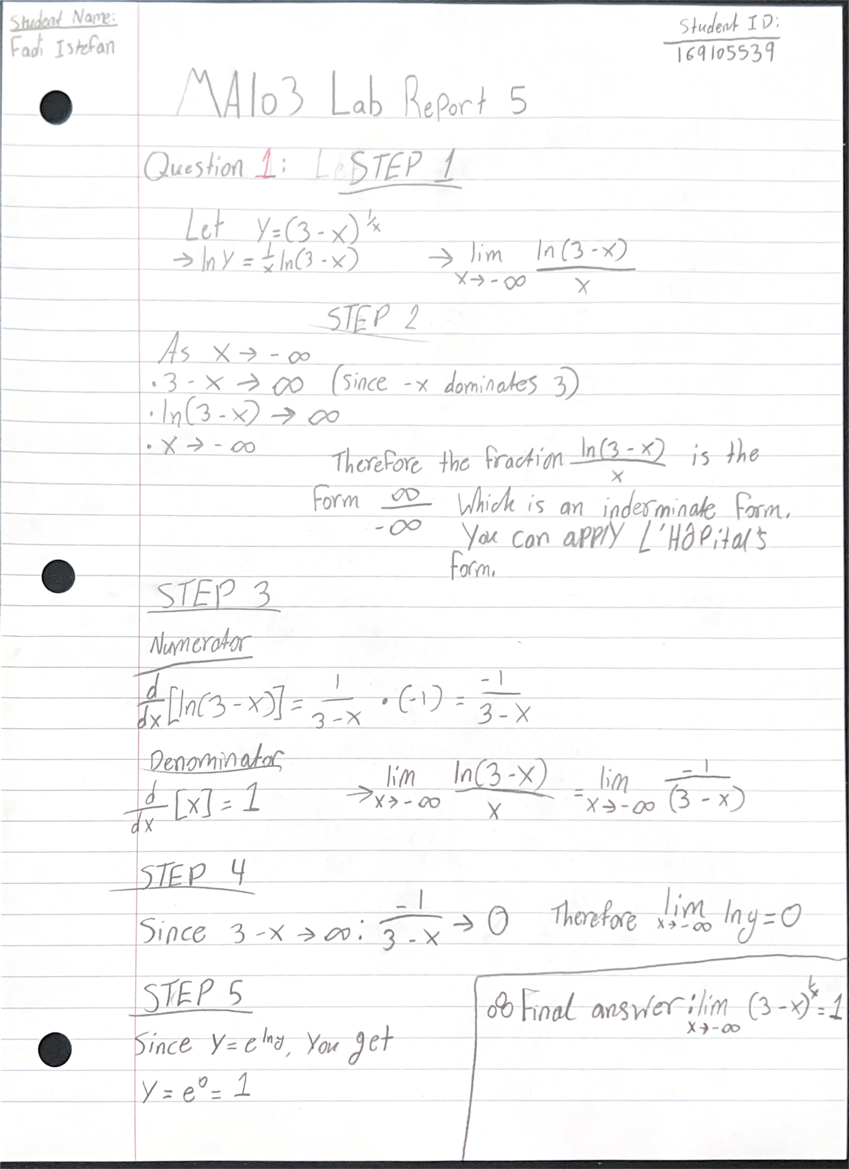MA103 Lab 5 - Lab notes - Student Name: Student ID: Fadi Istefan ...
