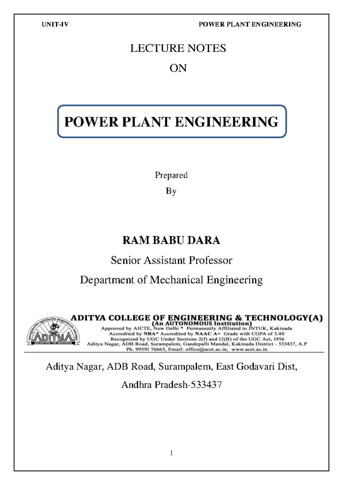 UNIT 4 Lecture Notes: Combined Operations in Power Plant Engineering ...
