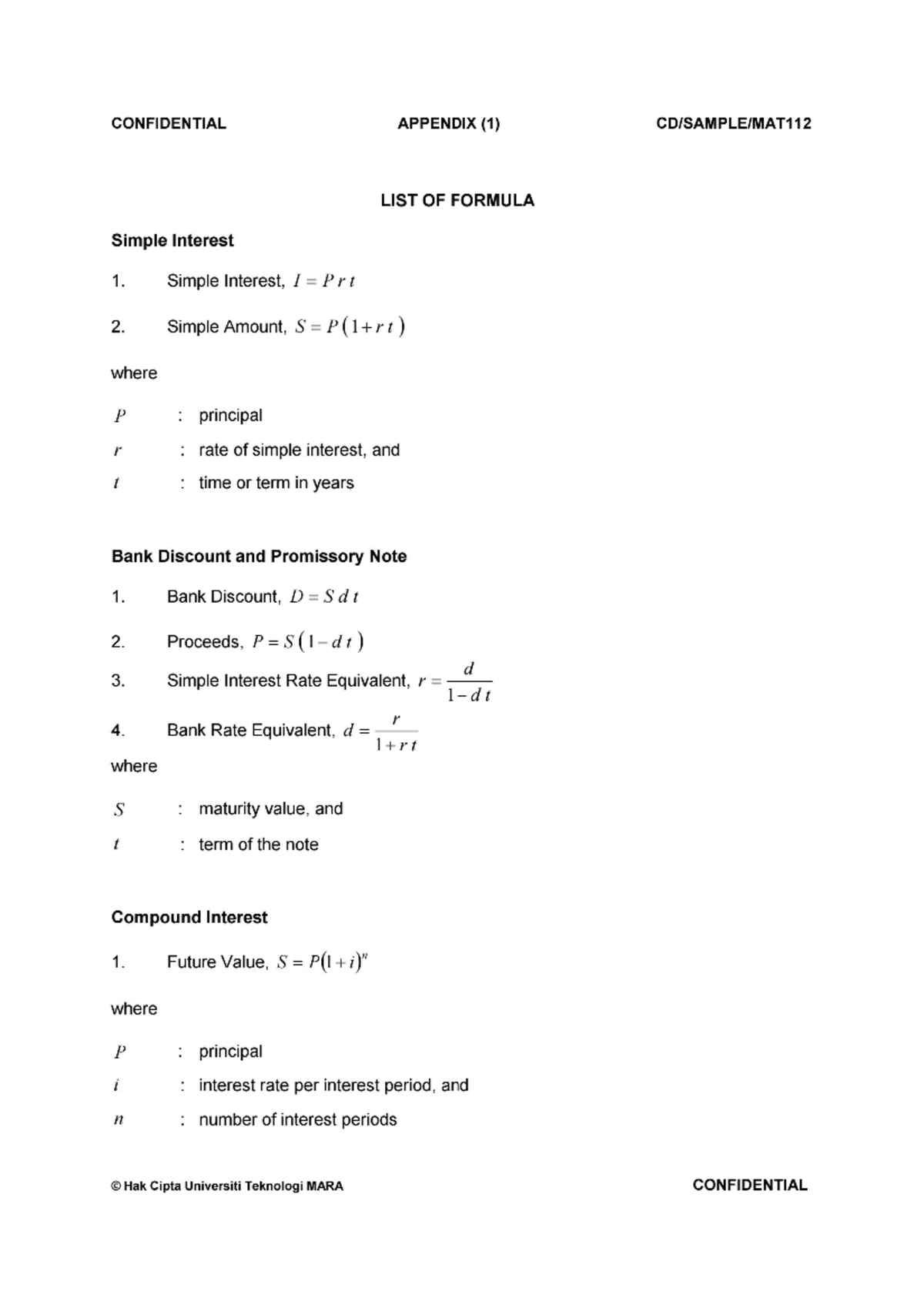 LIST OF Formula (MAT112) - sport management and recreation - Studocu