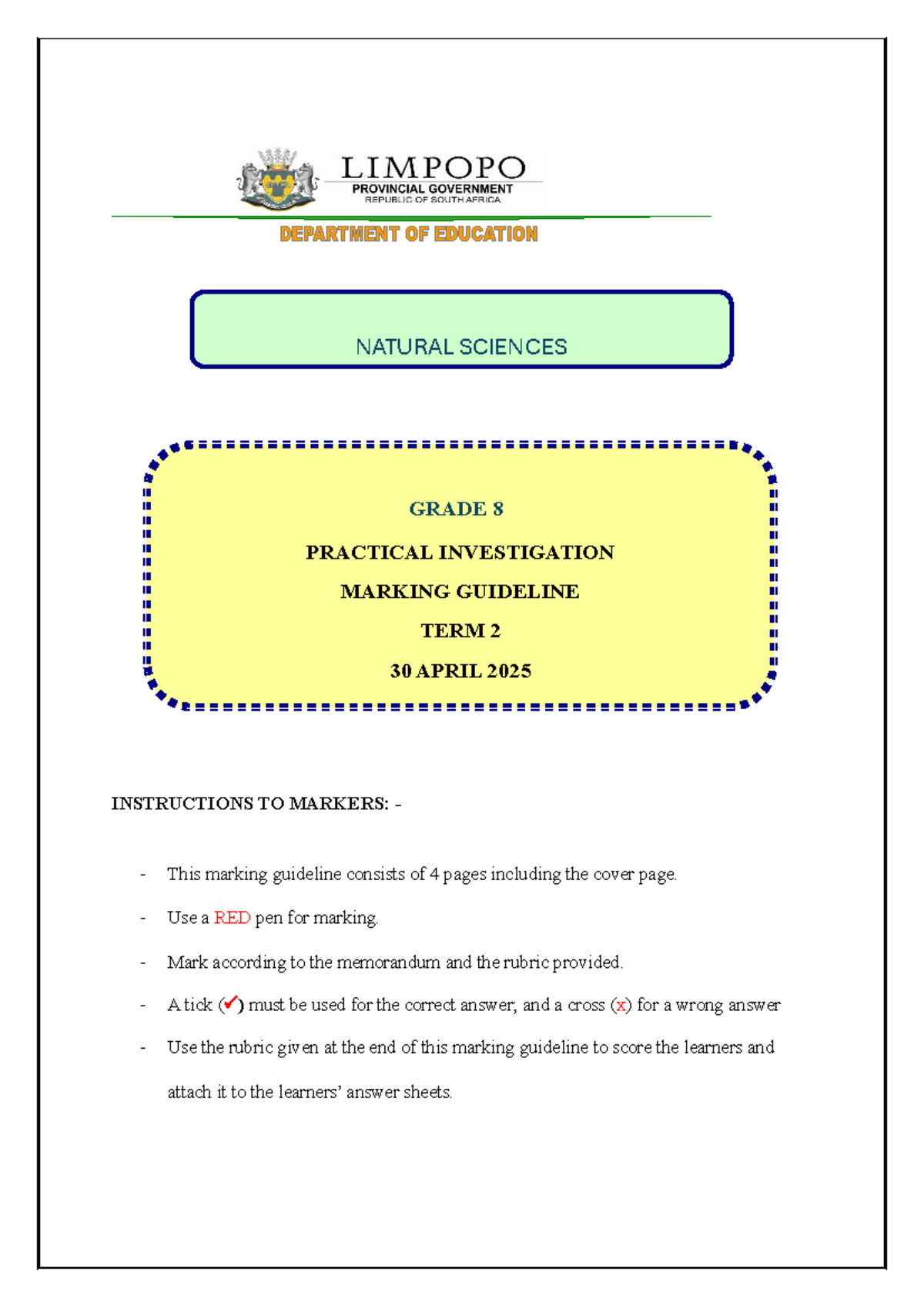 2025 GRADE 8 NATURAL SCIENCES TERM 2 PRACTICAL MARKING GUIDELINE - Studocu