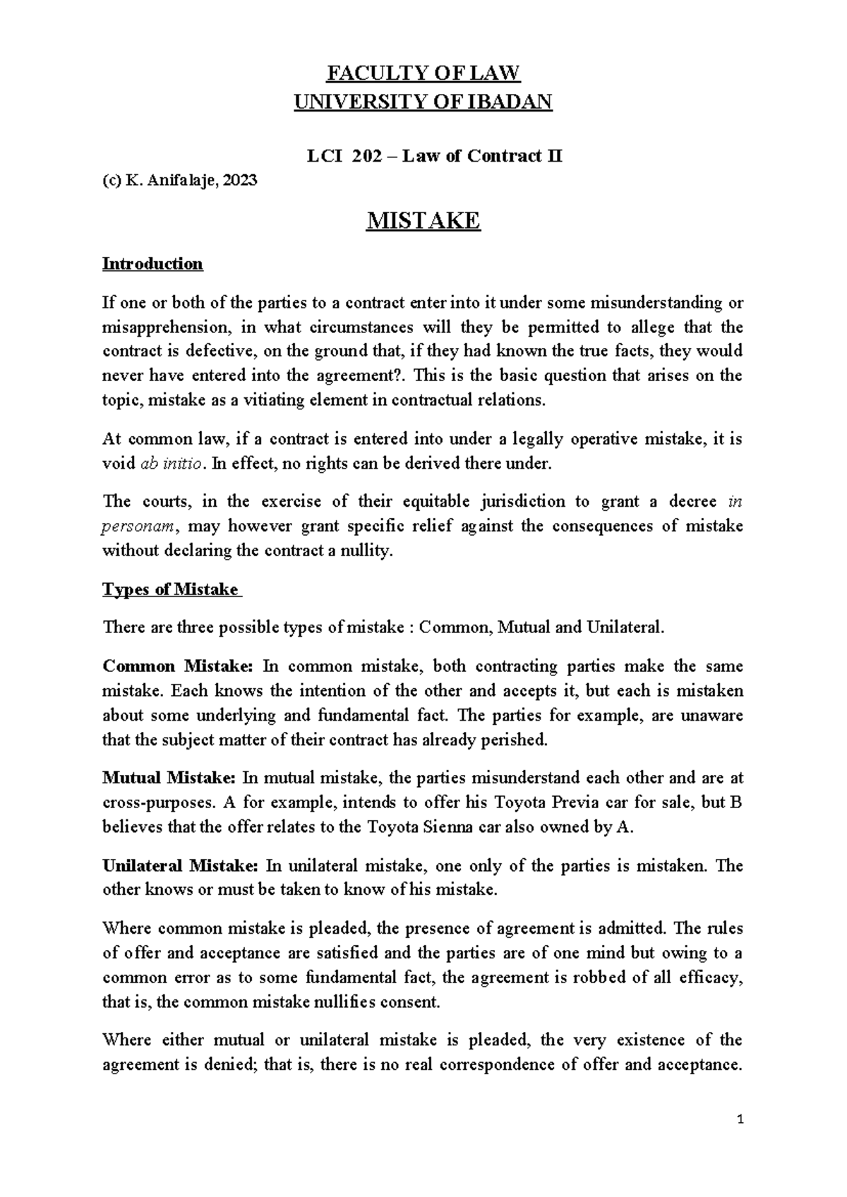 LCI 202 - Law of Contract II: Understanding Mistake as Defect - Studocu