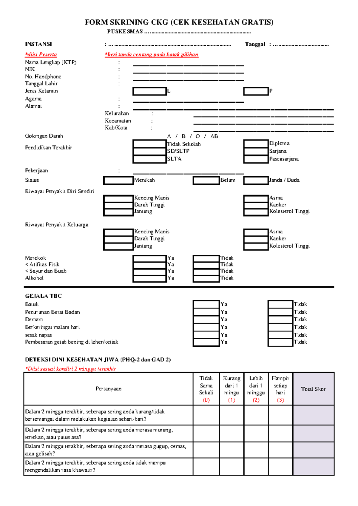 FORM CKG 2025: Skrining Kesehatan Gratis Puskesmas - Document Preview