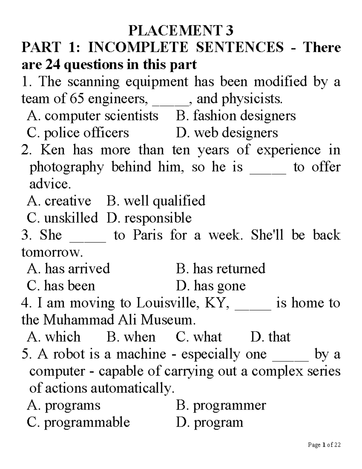 Placement Test 3 - Incomplete Sentences and Texts - Studocu