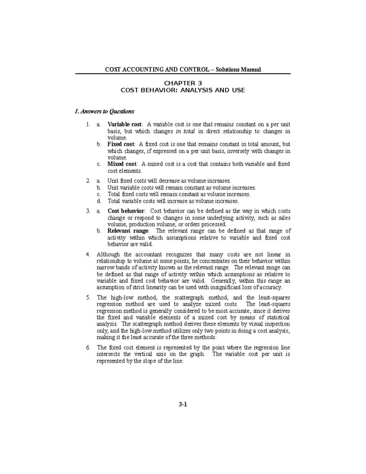 Chapter 3 Solutions - Cost Behavior Analysis - COST ACC & CONTROL - Studocu