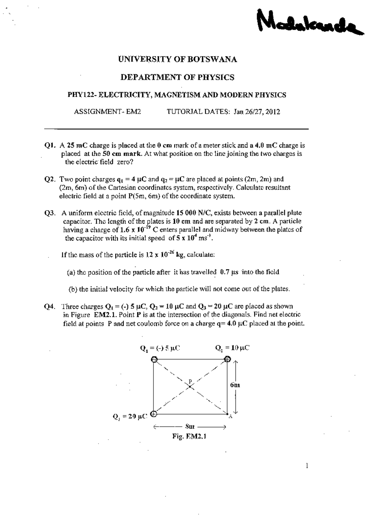 EM2 - PHY 122 Electricity & Magnetism Tutorial Questions - Studocu