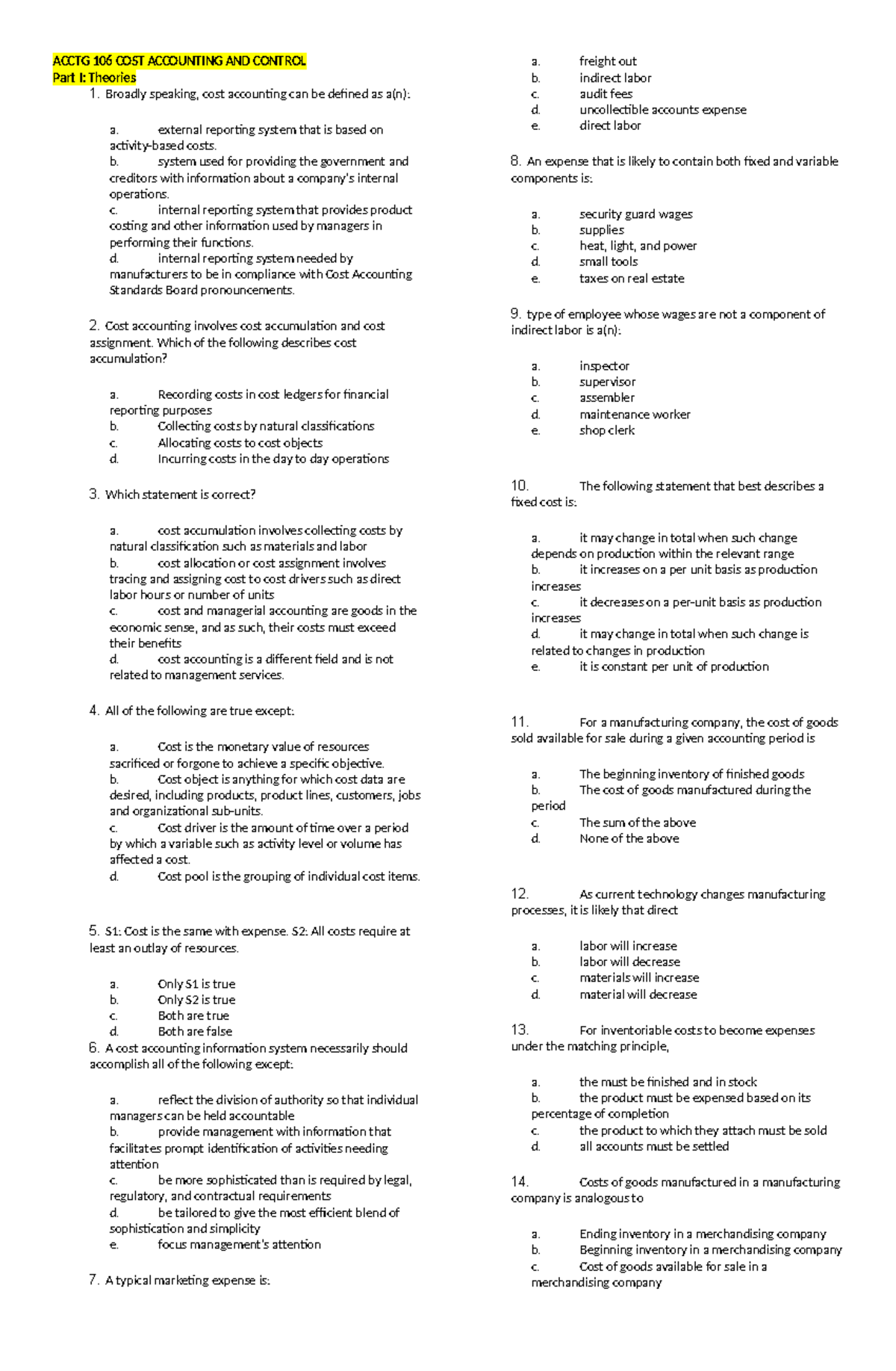 Acctg 106 Cost Accounting Final Exam Study Guide - Studocu