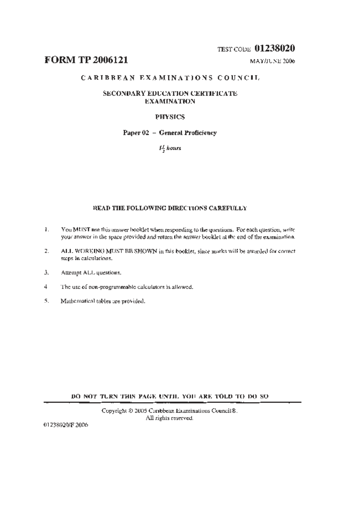 CSEC Physics Paper 2 Exam 2006 - General Proficiency - Studocu