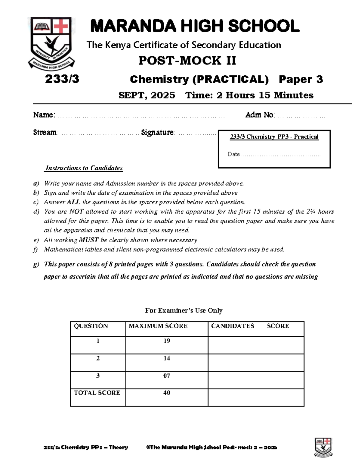 Chemistry PP3 Practical Exam Questions - Maranda High School 2025 - Studocu