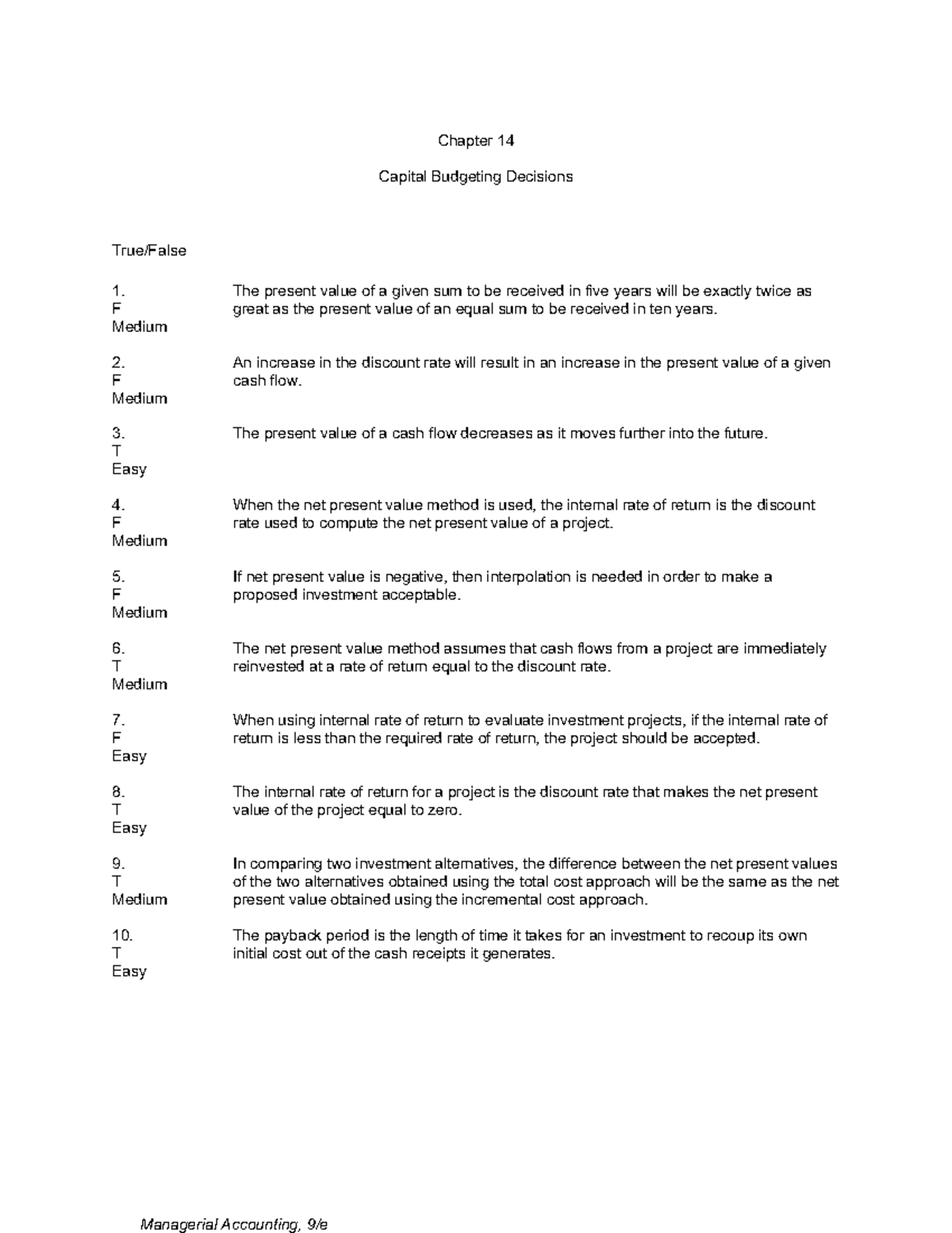 285679315 Test Bank: Chapter 14 Capital Budgeting Decisions - Studocu