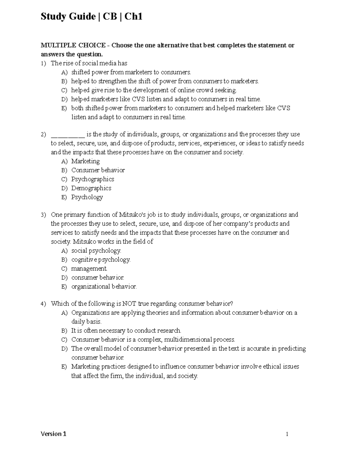 Study Guide CB Ch1: Consumer Behavior Practice Test - Studocu