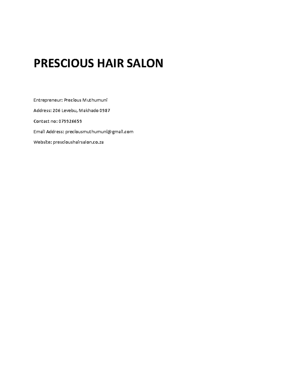 Business Plan for Precious Hair Salon - Assignment Preparation - Studocu