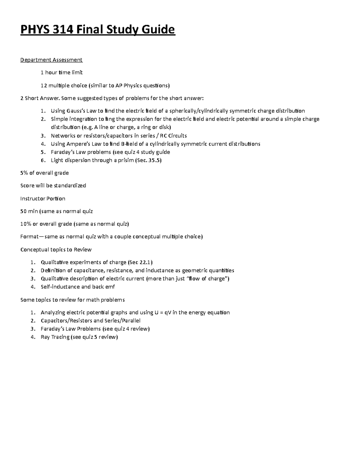PHYS 314 Final Study Guide - Key Topics for Exam Success - Studocu
