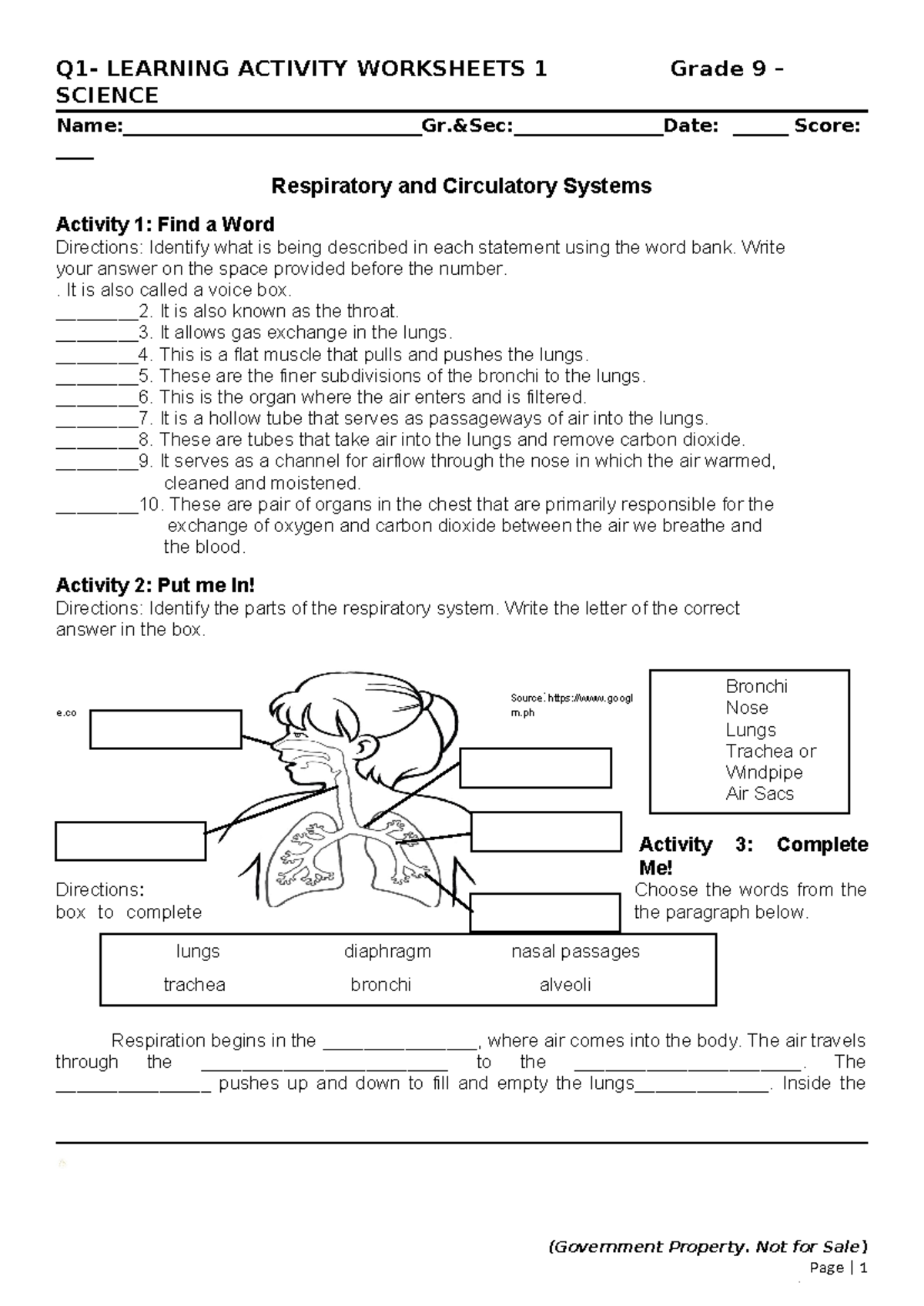 Q1 G9 Science LAW 1 - learning activity worksheet - Q1- LEARNING ...