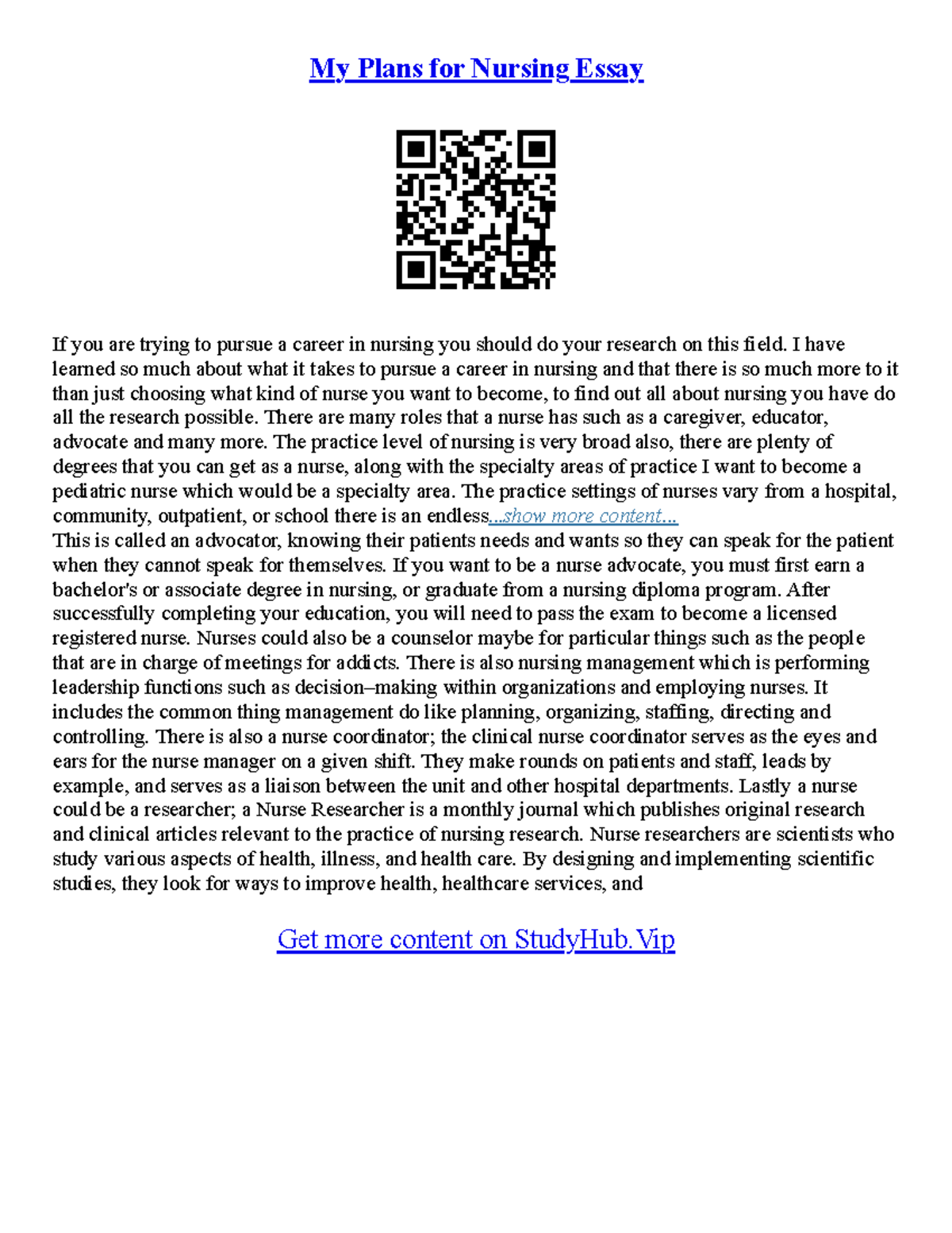 Nursing School Essay Sample - My Plans for Nursing Essay If you are ...