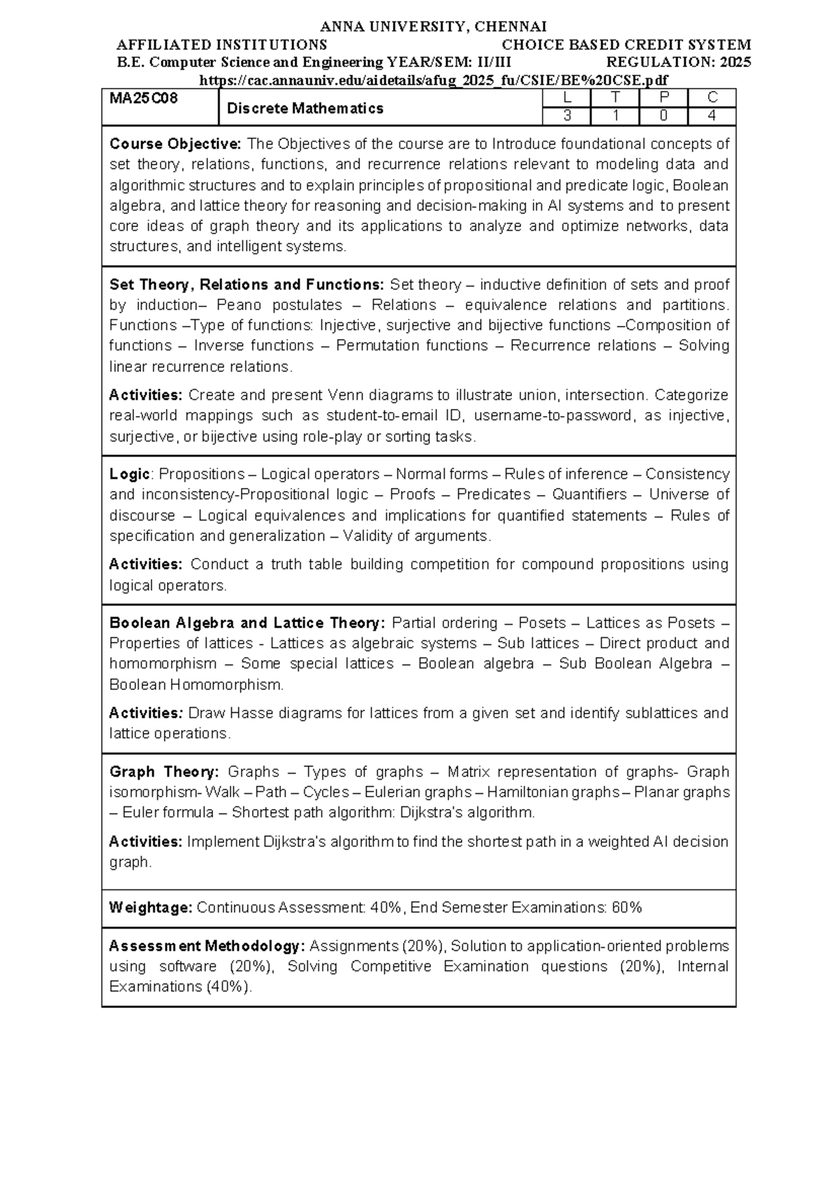 B.E. CSE 2025 - Discrete Mathematics Syllabus and Course Objectives ...