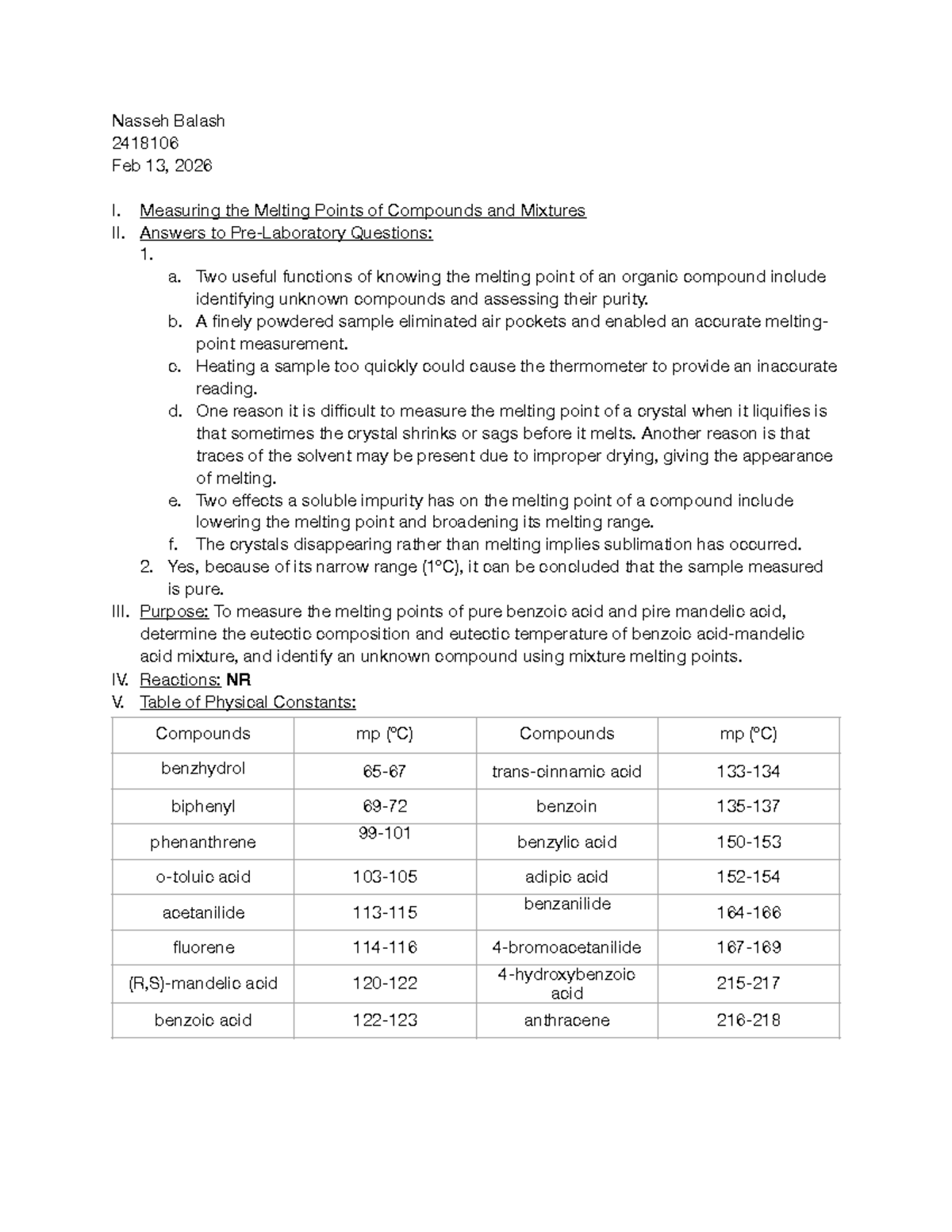 OCL Pre 3 - Pre Lab: Melting Points of Compounds & Mixtures - Studocu