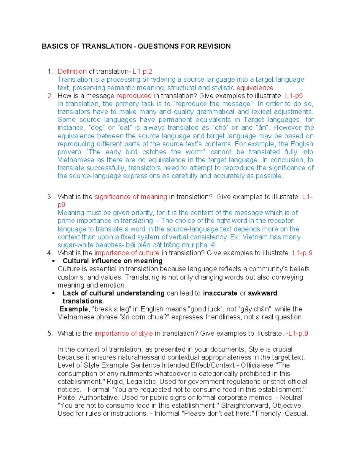 BASICS OF TRANSLATION: REVISION QUESTIONS FOR BASICS OF TRANSLATION ...