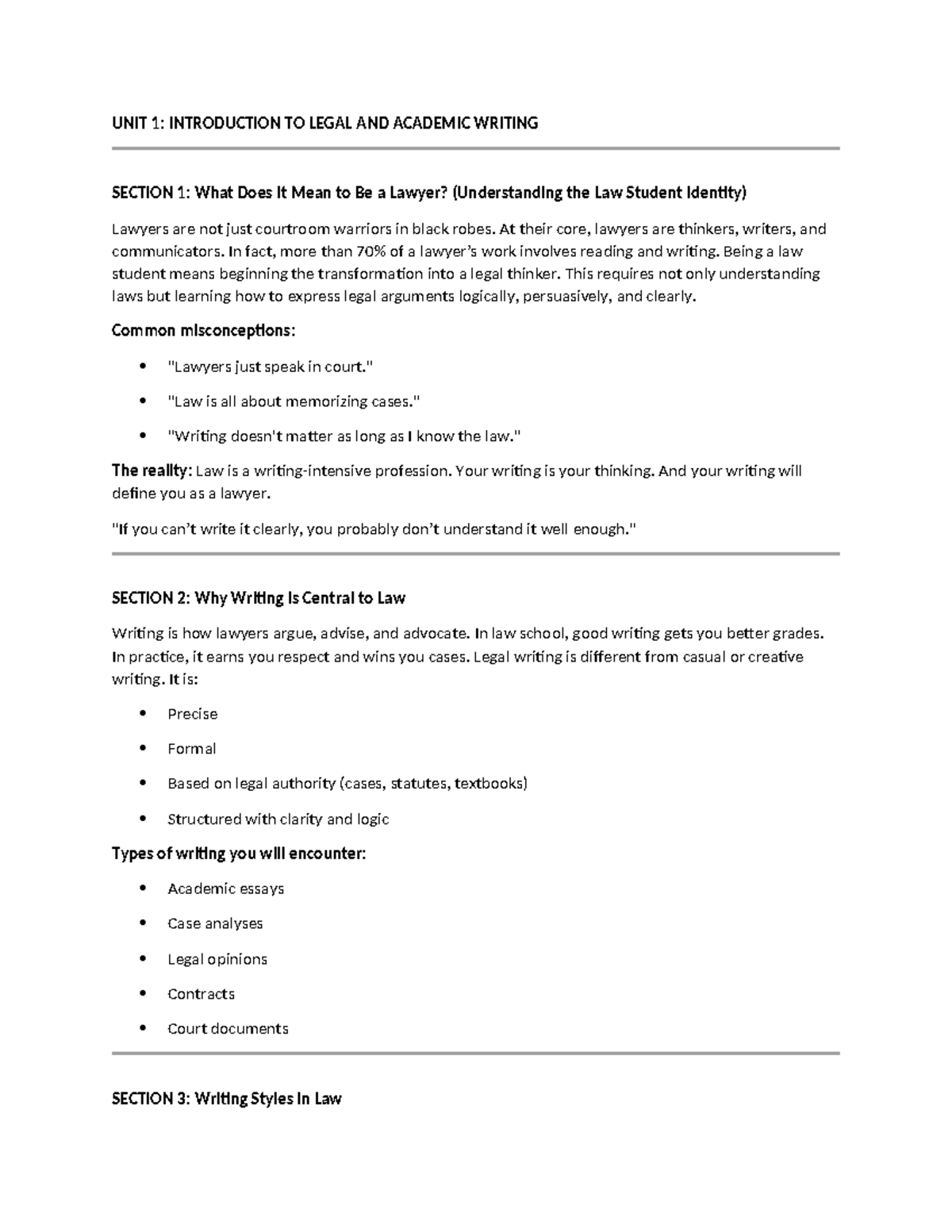 UNIT 1: Intro to Legal Writing & Law Student Identity - Studocu