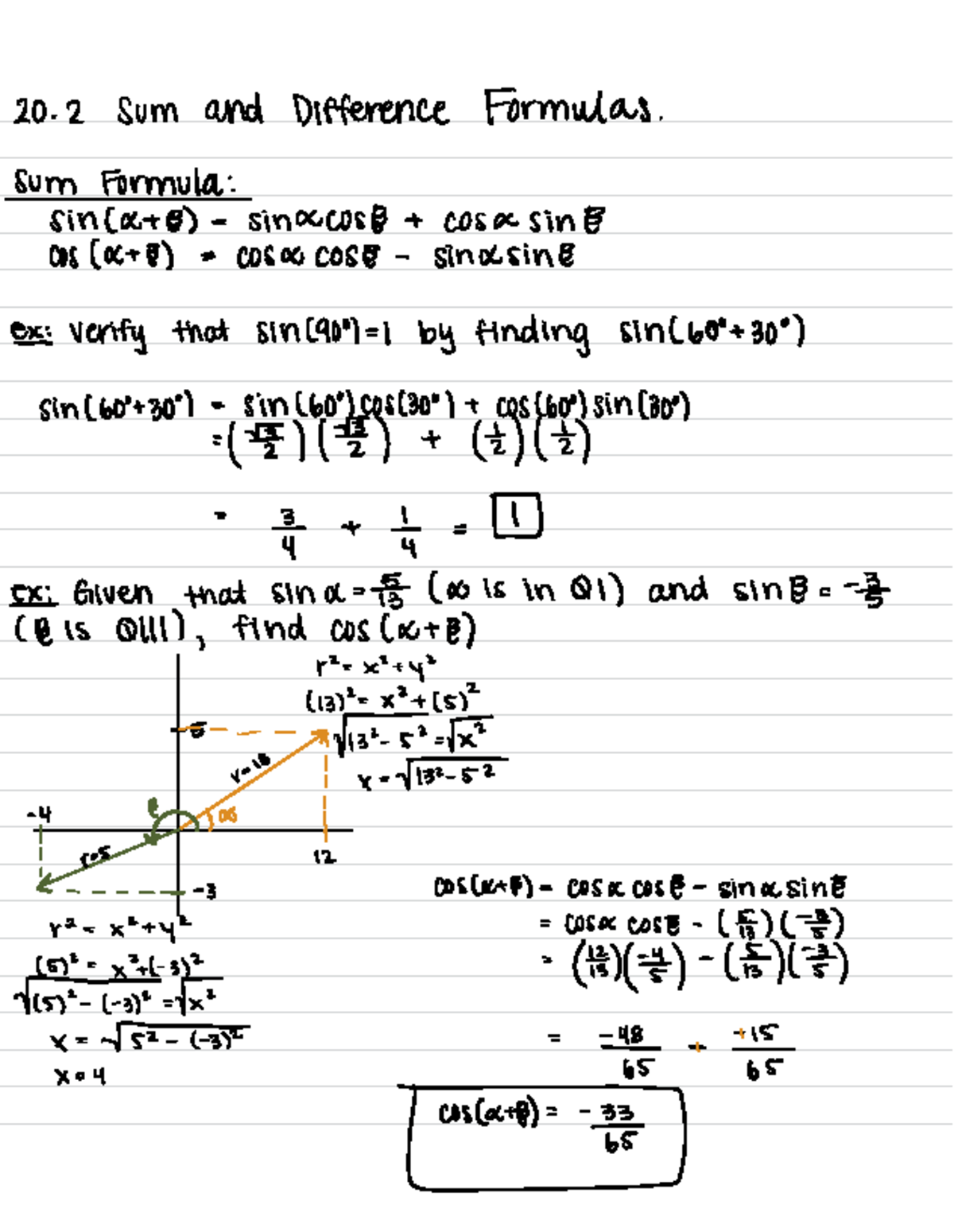 20.2 Notes (MAT145) - Professor.Cano - 20 Sum and Difference Formulas ...