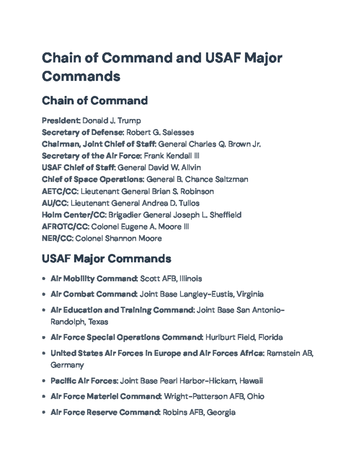 Chain of Command Overview and USAF Major Commands Structure - Chain of ...
