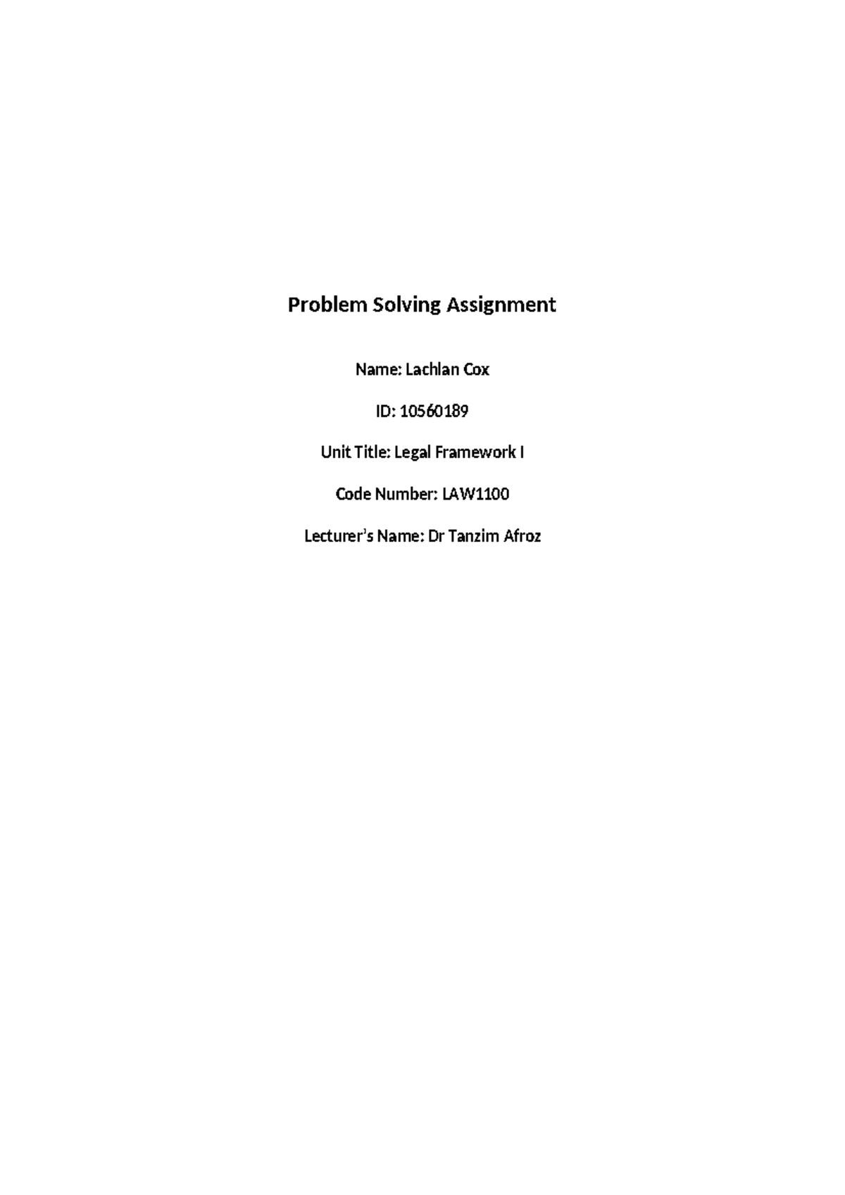 LAW: Problem Solving Assignment on Negligence & Duty of Care Analysis ...