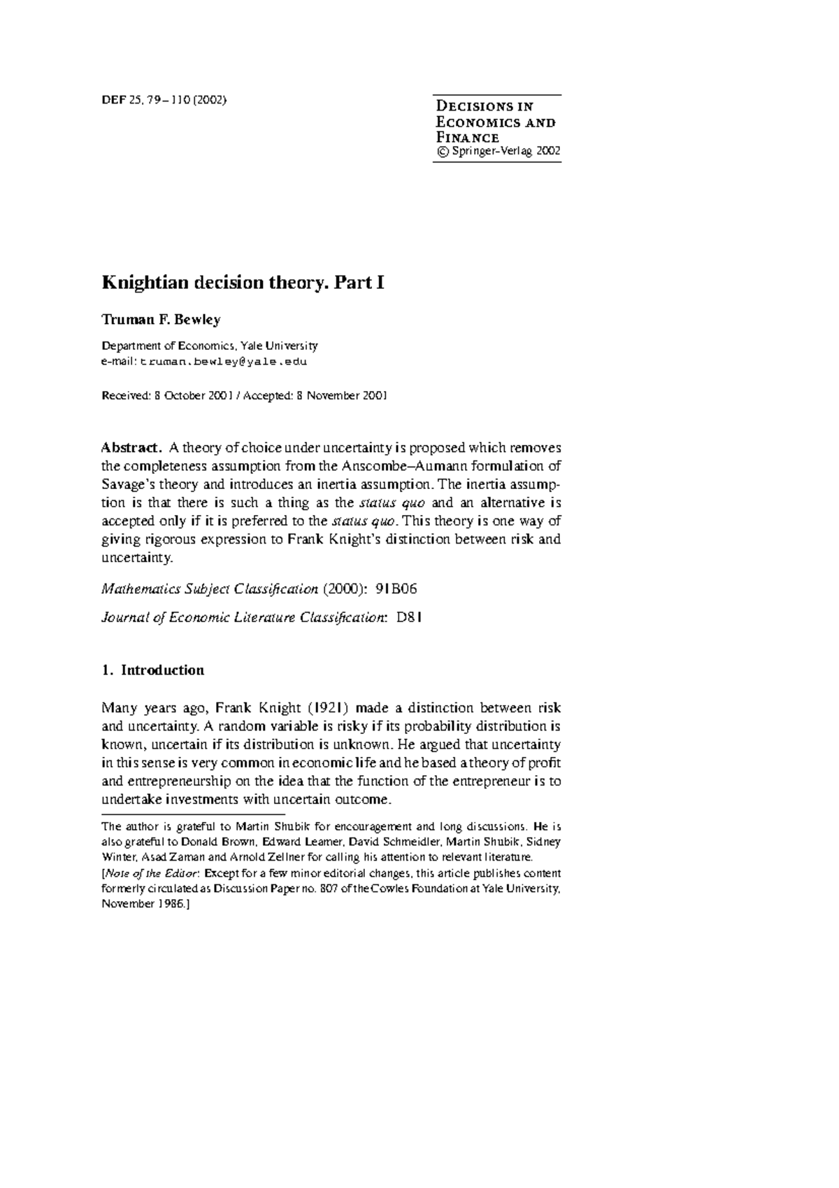 Knightian Decision Theory: An Inertia-Based Approach to Uncertainty ...