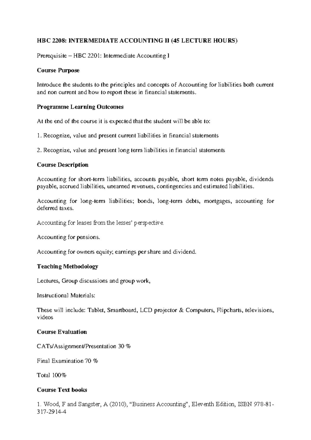 HBC 2208: Course Outline for Intermediate Accounting II - Studocu