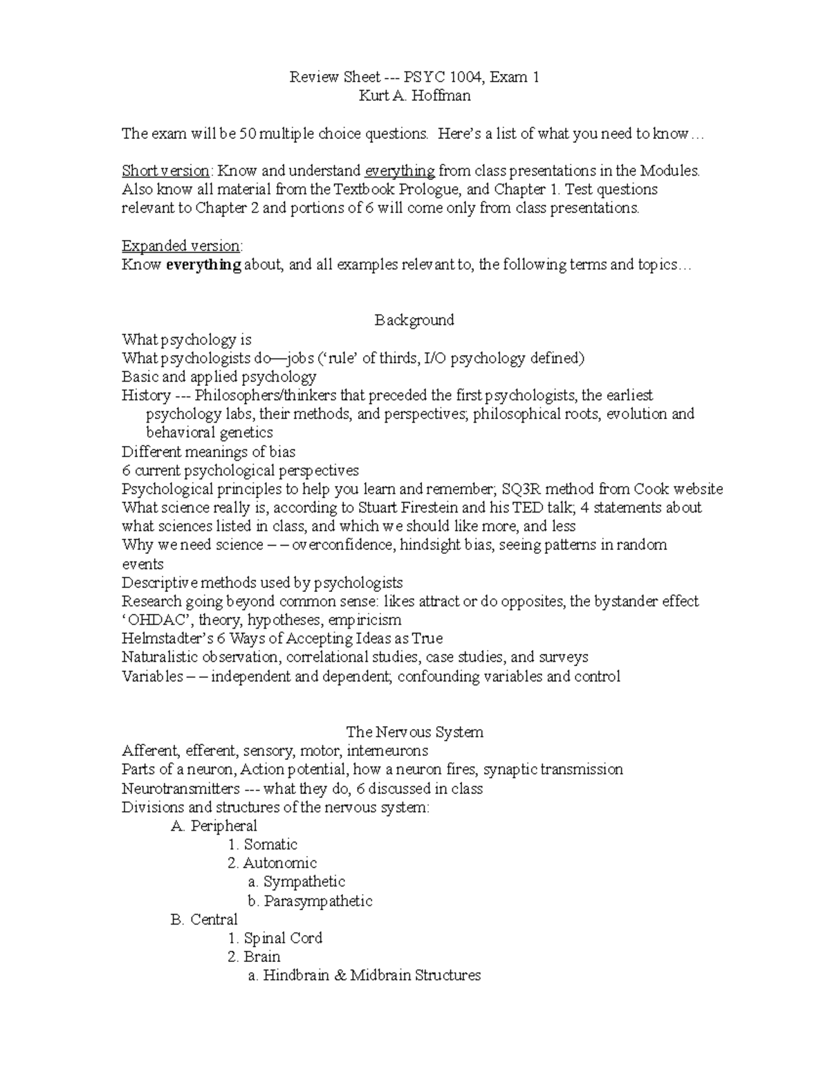 PSYC 1004 Exam 1 Review Sheet - Key Concepts & Topics Overview 2021 ...
