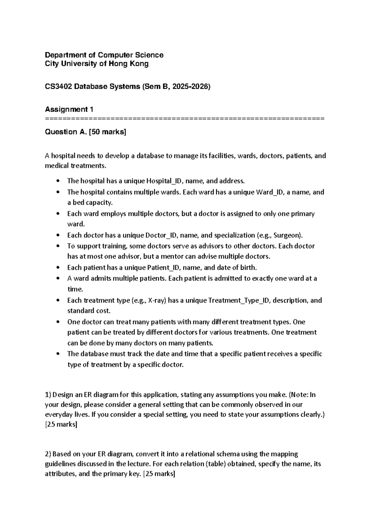 CS3402 Database Systems: Assignment 1 - ER Diagram & Relational Schema ...
