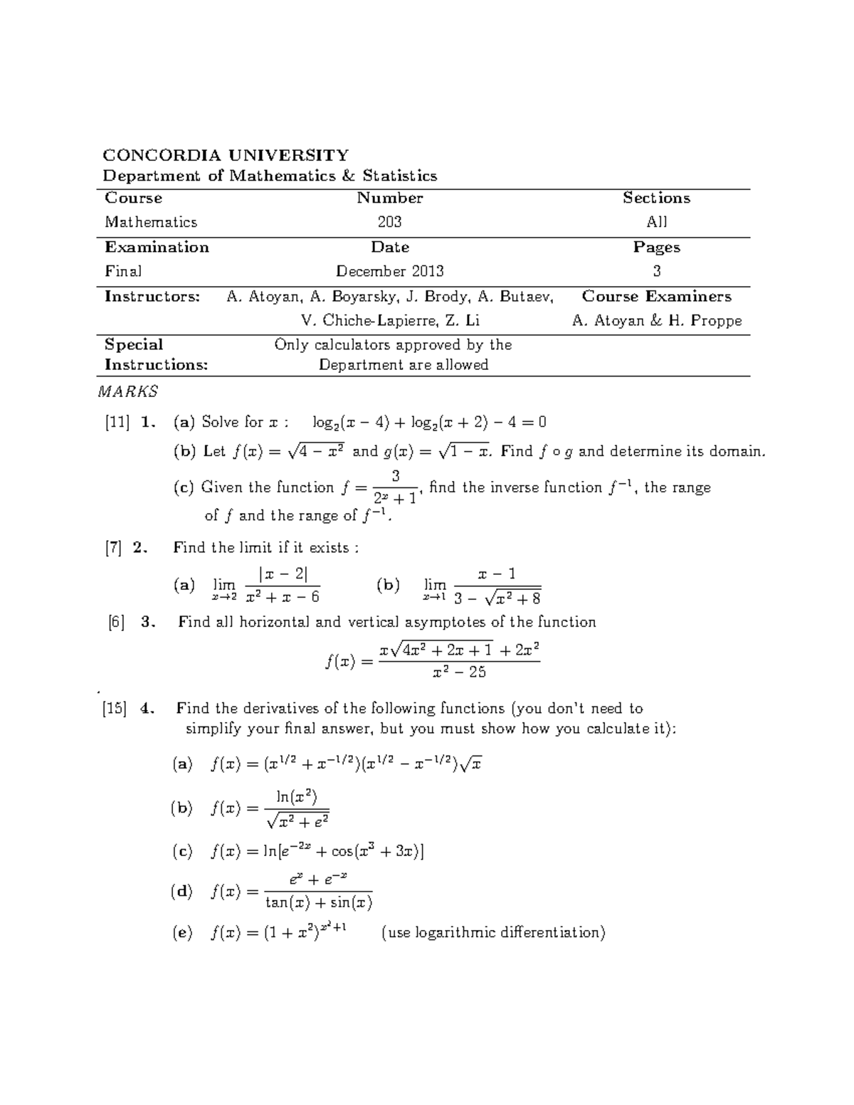 MATH 203 Final Exam - December 2013 Solutions and Analysis - Studocu
